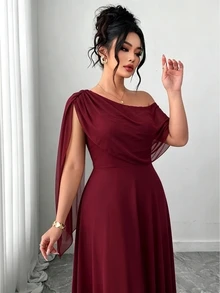Elenzga French Vintage Elegant Fashion Casual Asymmetrical Shoulder Neckline Ribbon Burgundy Dress - Burgundy - View 5