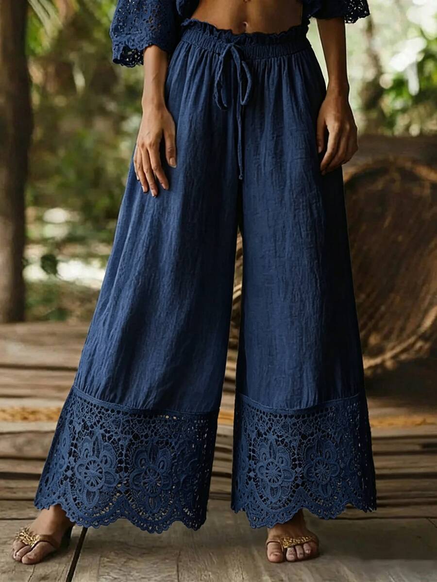 Breezaya Plus Size Women Bohemian Lace Trim Wide Leg Pants, Elastic Drawstring Paperbag Waist Lightweight Linen‑Textured Casual Vacation Daily Long Pants - Multicolor - View 1