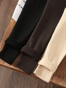 SHEIN 兒童青少年女孩 2件/組 高腰收腹保暖內搭褲，親膚彈性百搭長褲 - 杏色 - 查看 4