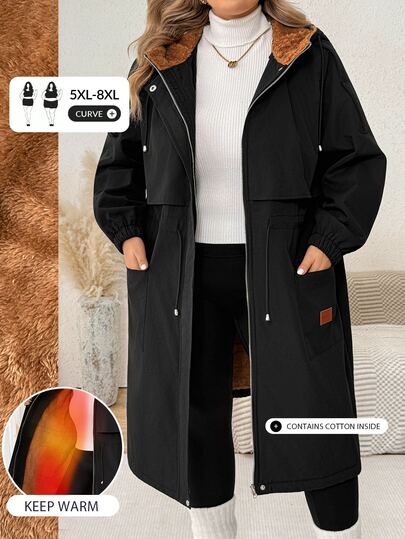 SHEIN CURVE+ Plus Size Winter Thermal Lined Hooded Jacket