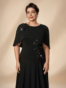 Serin Plus Size Elegant Romantic Glamorous Black Applique Design Shawl Fitted Patchwork Ruched A-Line Wedding Event Mother Dress Evening Party Ball Music Festival Formal Gown - Black - View 5