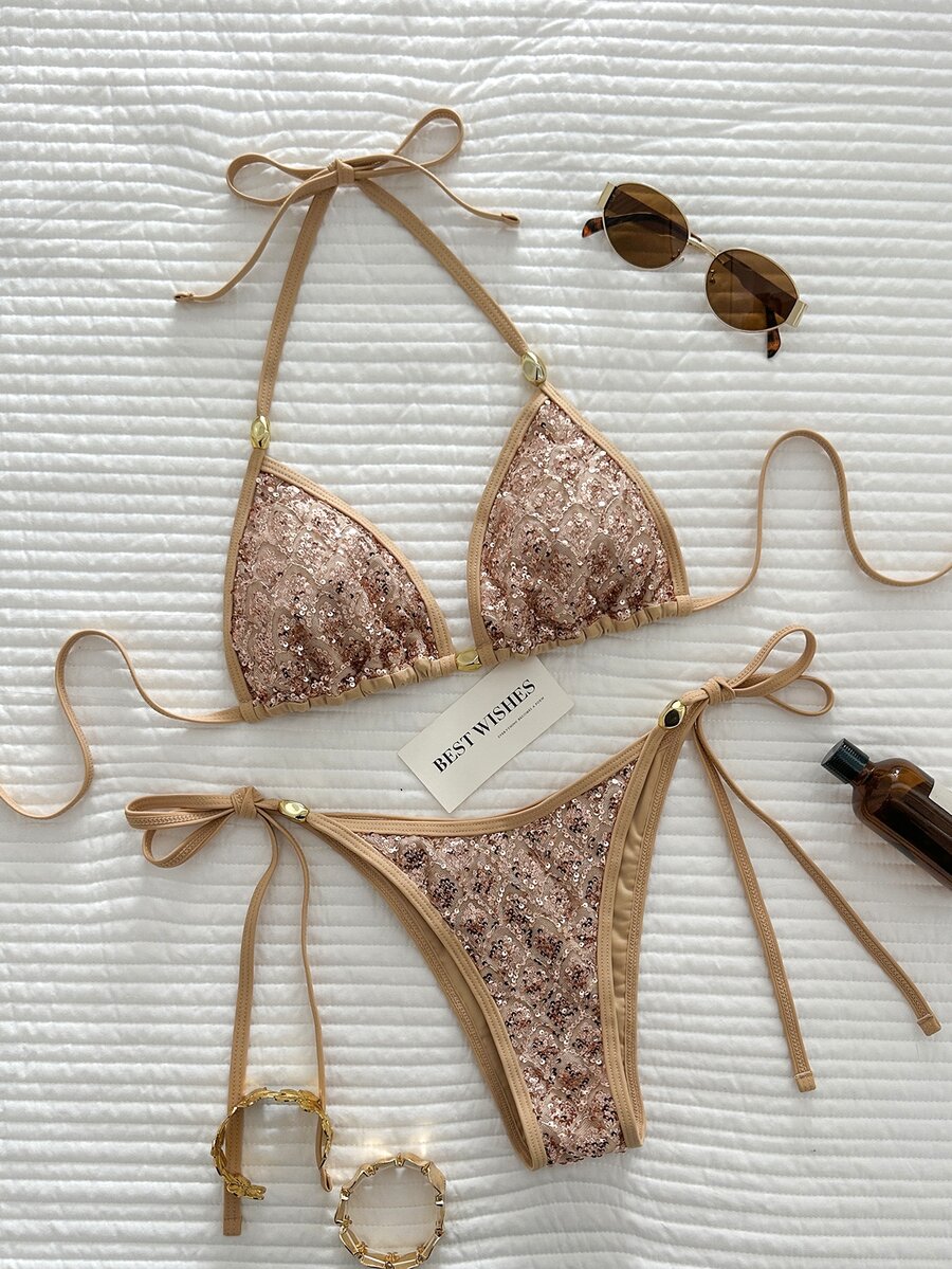 SHEIN Swim 2件組比基尼套裝,春夏度假動物印花亮片紋理面料搭配珠飾,三角罩杯比基尼上衣與側綁帶比基尼褲,性感比基尼套裝 - 金色 - 查看 1