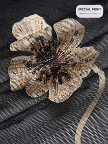 CAJUNI Elegant Tulle Dress With Floral Print And Embroidery For Parties - Black - View 7