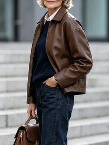 EMERY ROSE Jaket Wanita Gaya Jalanan Lengan Panjang dengan Resleting dan Bahan PU - Coklat - View 3