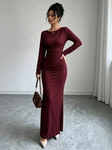 Modelyn Women's Elegant Commute Solid Color Slim Fit Long Dress - Red - View 5