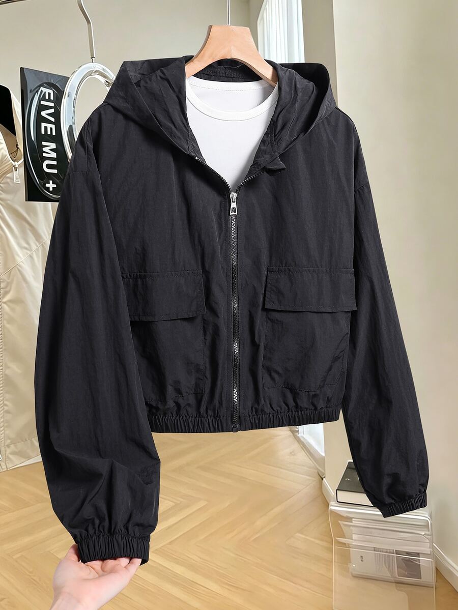 SHEIN Teen Girls Casual Fashion Woven Crinkled Fabric Hooded Short Jacket With Elastic Hem And Cuffs, Loose Fit Comfortable Design, Suitable For Spring, Summer, Autumn, Daily Commute, Outings, Gatherings, And Photo Shoots - Black - View 1