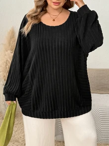 SHEIN CURVE+ Plus Size Women's Ribbed Long Sleeve Pullover, Autumn Casual Sweatshirt Fall - Black - View 3