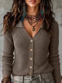SHEIN Women Polo Neck ButtonDown Heather Knit Cardigan, Versatile Long Sleeve Fall Winter Casual Commuter Coffee Brown Sweater Top - Mocha Brown - View 2