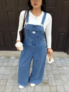 Rivivi Plus Size Loose Wide Leg Denim Jumpsuit With Pocket - Blue - View 3