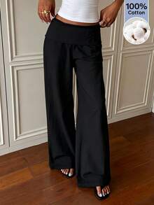 SHEIN EZwear 女款素色寬鬆休閒長褲，適合日常穿著 - 黑色 - 查看 6