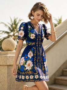 CAJUNI Summer Short Puff Sleeve Floral Dress - Blue - View 5