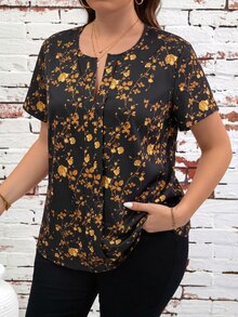 Reflora Plus Size Fashion Floral Print Short Sleeve Shirt For Vacation - Orange - View 3