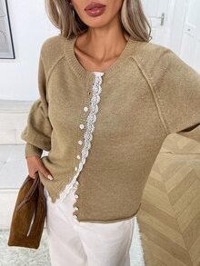 Elyressa French Gentle Soft Round Neck Khaki Single-Breasted Lace Trim Design Raglan Lantern Puff Long Sleeve Sweet Style Versatile Cardigan Sweater Jacket Women's Autumn/Winter Outfit - Khaki - View 5