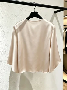 SHEIN 香檳色法式溫柔極簡優雅V領扭結喇叭袖長袖高級緞面女式襯衫，適合秋季/早午餐約會晚餐辦公 - 杏色 - 查看 2
