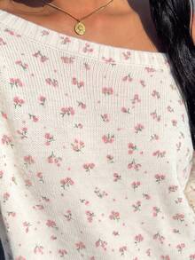 CovetEZ 女款韓式花卉印花長袖針織衫，適合度假穿著 - 白色 - 查看 6
