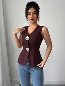 Elenzga Women's V-Neck Fitted Tank Top With Gold Rose Button Decoration On Front - Burgundy - View 6
