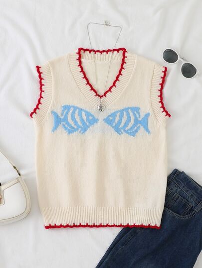 Teen Girls Apricot Fish Pendant Cute Pattern Round Neck Pullover Vest Knitted Sweater, Suitable For Spring Autumn Winter, Casual Party Outing Wear, Can Be Worn Alone, Layered Under Or Over