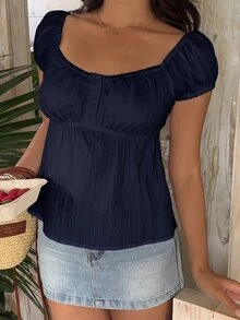 SHEIN EZwear 海軍藍紋理針織鈕扣上衣居家款 - 藏蓝色 - 查看 6