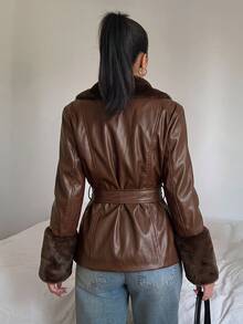 SHEIN EZwear Solid Color Long Sleeve Casual Streetwear Elegant PU Patchwork Waisted Jacket With Drawstring In Fall/Winter Night Out Brown - Coffee Brown - View 2