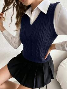 SHEIN PariChic 女款秋冬麻花編織V領休閒百搭針織背心 - 水鴨藍 - 查看 3