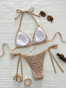 SHEIN Swim 2件組比基尼套裝，春夏度假動物印花亮片紋理面料搭配珠飾，三角罩杯比基尼上衣與側綁帶比基尼褲，性感比基尼套裝 - 金色 - 查看 2