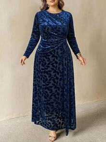 SHEIN CURVE+ Plus Size Women's Floral Print Long Sleeve Pleated Elegant Dress Fall - Blue - View 7