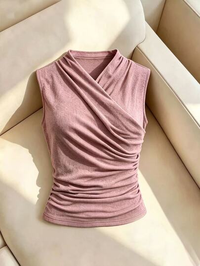Selianne Women's Autumn Elegant Knitted Ruched Tank Top, Slimming Base Layer, Suitable For Office, Business Meetings, Daily Commute, Short Trips, Beach Vacation, City Stroll, Weekend Market
