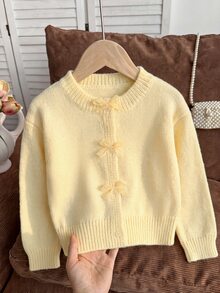 SHEIN 女童秋冬時尚手工蝴蝶結針織長袖開襟毛衣 - 黃色 - 查看 1