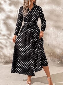 SHEIN Clasi 女款溫柔波點印花長袖度假洋裝 - 黑與白 - 查看 3