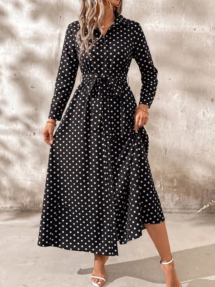 SHEIN Clasi فستان نسائي بطبعة نقاط ناعمة وأكمام طويلة للعطلات - أبيض وأسود - مشاهدة 3
