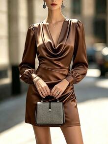 SHEIN Brown Satin Cowl Neck Mini Dress, Puff Long Sleeve Ruched Bodycon Dress, Business Commute Office Outfit, Cottagecore Elegant Wear, Halloween - Brown - View 4