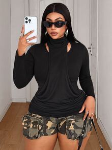 Maweii Plus Size Black High Neck Long Sleeve Top, 2 In 1 Halter Neck Ruched Waist Slim Fit Elastic Knit Inner Layer T-Shirt - Black - View 2