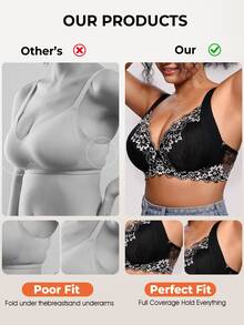 Bareli Dear Plus Size Sexy Lace Patchwork Push-Up Bra, Adjustable Shape, Minimizing Large Bust, Side-Boob Coverage, Underwire Lingerie, 1pc - Black and White - View 4
