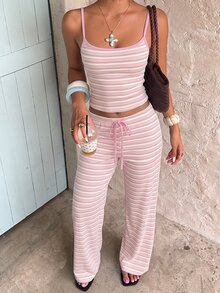 Aloruh 女款休閒居家服條紋細肩帶背心與長褲套裝 - 淺粉色 - 查看 3