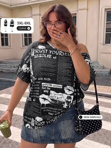 SHEIN CURVE+ 休閒簡約純色大尺碼女款T恤，適合春夏穿著 - 黑與白 - 查看 1