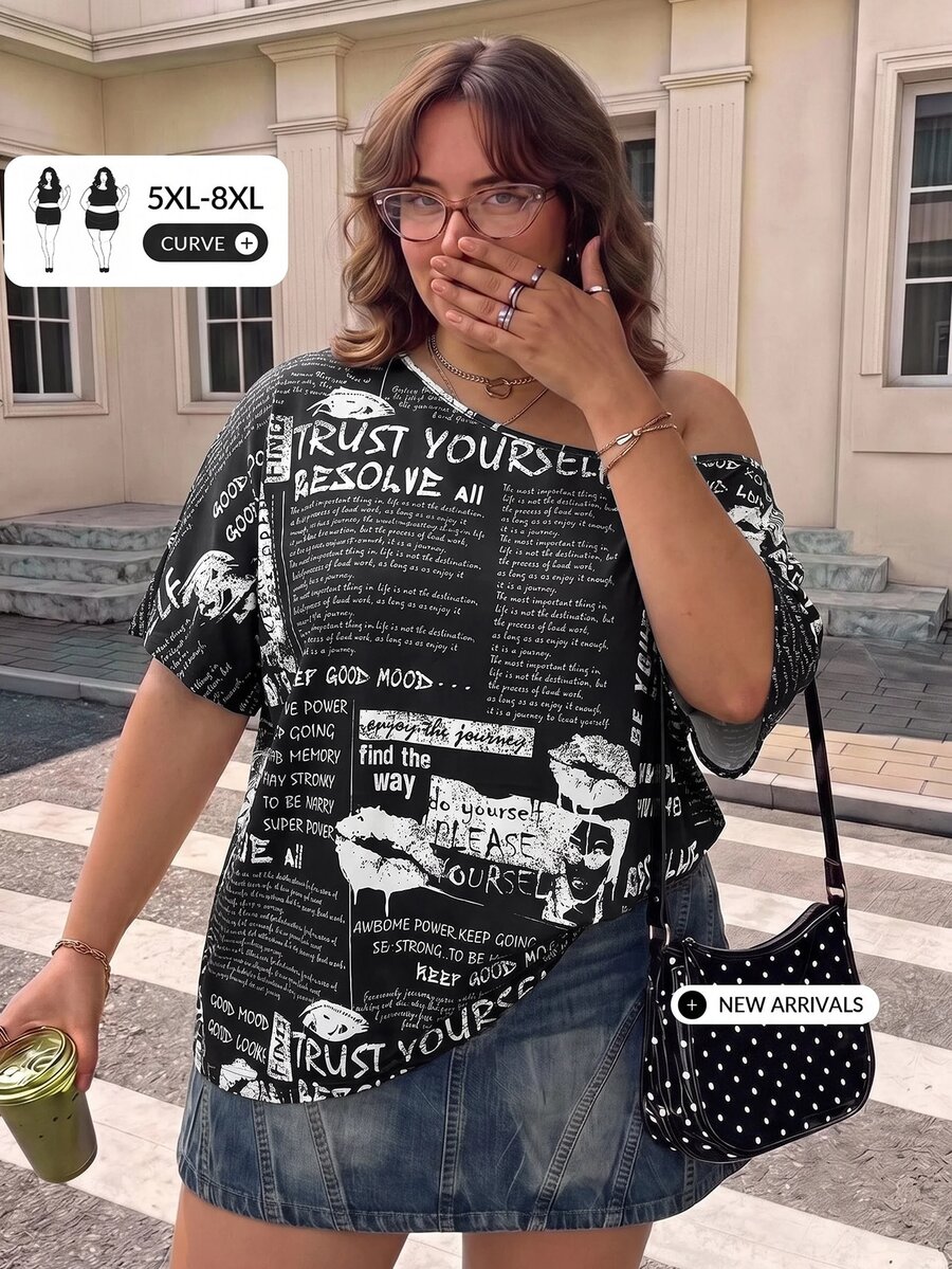 SHEIN CURVE+ 休閒簡約純色大尺碼女款T恤,適合春夏穿著 - 黑與白 - 查看 1