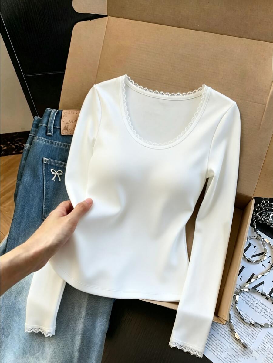 GlowEve Fall Clothes FOR WomenWomen's Minimalist Lace Patchwork Long Sleeve Elegant T-Shirt - White - View 1