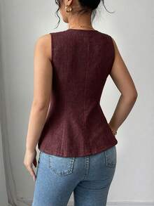 Elenzga Women's V-Neck Fitted Tank Top With Gold Rose Button Decoration On Front - Burgundy - View 2