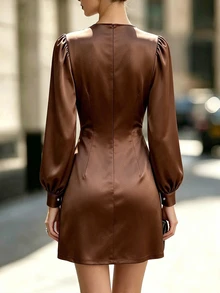 SHEIN Brown Satin Cowl Neck Mini Dress, Puff Long Sleeve Ruched Bodycon Dress, Business Commute Office Outfit, Cottagecore Elegant Wear, Halloween - Brown - View 3