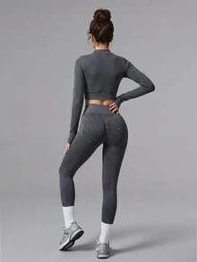 Slayform Slayform Women's Sexy Modest Athleisure Cropped Zipper Top And Tight Leggings Sports Set Gym Active Dark Grey Autumn - Black - View 2