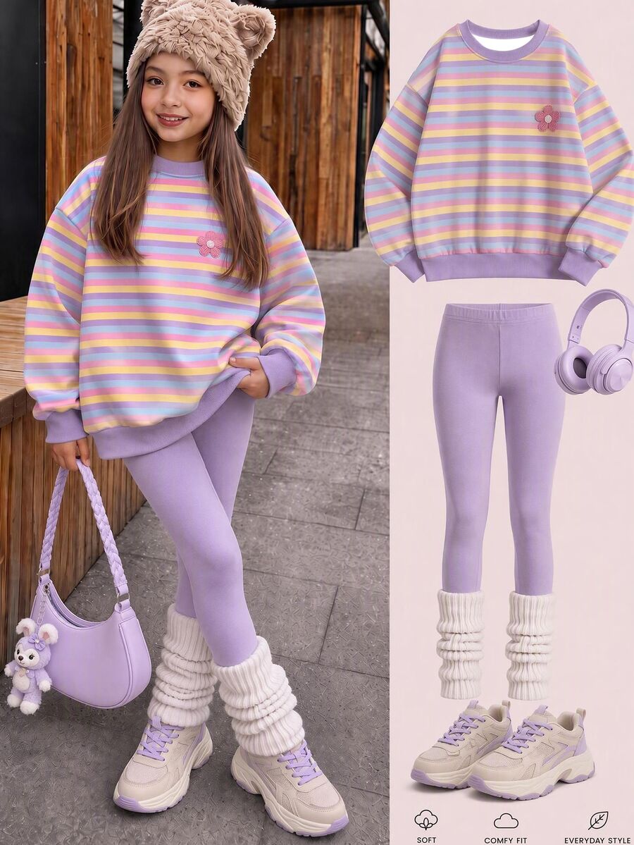 2pcs/Set Girls Casual Comfortable Fashion Versatile Personalized Purple & Pink Striped Floral Print Crew Neck Sweatshirt And Purple Leggings Set, Suitable For All Seasons, Outings, School - Multicolor - View 1