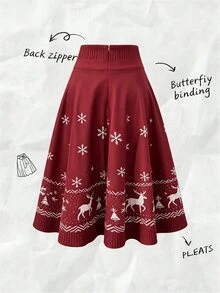 SHEIN Franclia 秋冬休閒聖誕圖案綁帶裙，度假穿搭女款裙子 - 紅色 - 查看 2