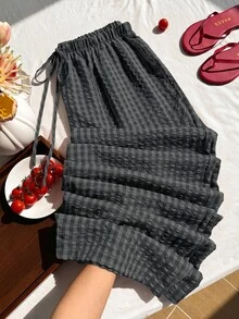 SHEIN EZwear 大尺碼女款春夏格紋抽繩腰口袋長褲 - 黑色 - 查看 1