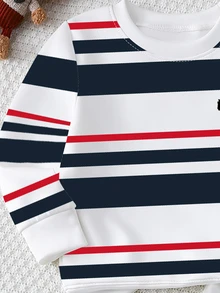 1 Set Toddler Simple Retro Casual Striped Sweatshirt Outfit, Classic Contrast Striped Knight Pony Print Craft, Crew Neck Long Sleeve Lightweight Sweatshirt And Sweatpants 2-Piece Set, Suitable For Daily School, Outdoor Outings, Shopping, Gatherings, Home Wear And More Occasions, Stylish Versatile Sports Outfit For Baby Boys, Spring/Autumn - Multicolor - View 7