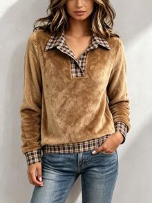 SHEIN Atasan Musim Gugur/Dingin, Pakaian Kasual Elegan untuk Jalan-jalan, Bersosialisasi, Perjalanan, Sweatshirt Harian Motif Kotak-kotak Patchwork yang Serasi untuk Liburan - MultiWarna - View 3