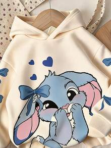 1pc Young Girls Casual Fashion Sweet Cute Cartoon Rabbit Bow Print Apricot Hooded Sweatshirt, Suitable For Autumn/Winter Wear, Cozy Fall & Winter Styles Long Sleeve Tops - Multicolor - View 3