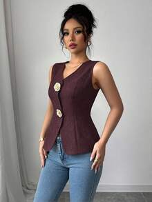 Elenzga Women's V-Neck Fitted Tank Top With Gold Rose Button Decoration On Front - Burgundy - View 3