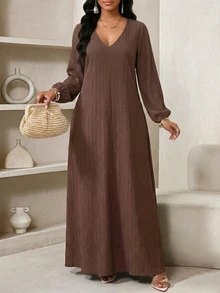 SHEIN Lady 優雅棕色紋理大尺碼連身裙，適合秋季穿著 - 棕色 - 查看 3