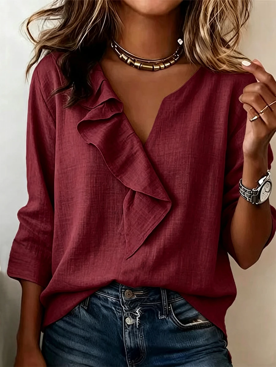 Trelyra Blus Wanita Minimalis dengan Hiasan Rumbai - Burgundy - View 1