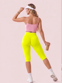 SHEIN Sovereign Charm Women's Neon Green High Waist 7/8 Length Sports Leggings Gym Pilates Summer Athletic - Yellow - View 2